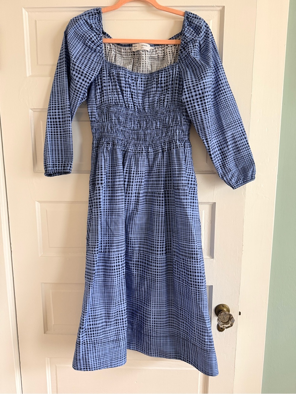Proenza Schouler Blue Check Smocked Midi Dress